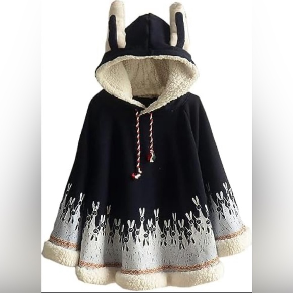 Japanese Style Mori Girl Sherpa Lined Hooded Rabbit Cape Cloak - Picture 1 of 9